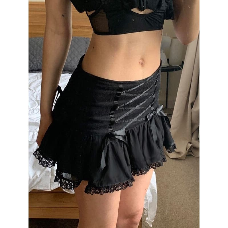 Black Bow Lace Mini Skirt - mini skirts