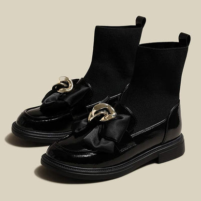 Black Bow Slip-On Leather Sock Boots