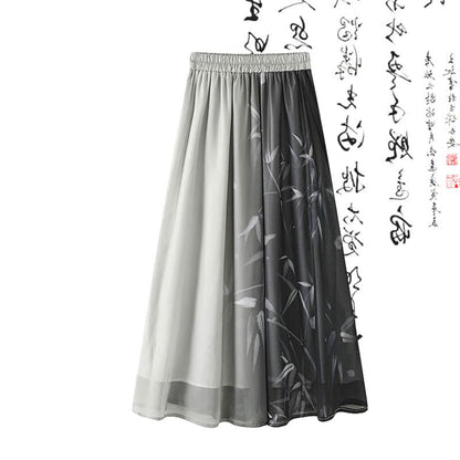 Black Buckle Bamboo Print Shirt High Waist Skirt - Skirt / M