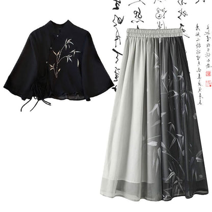 Black Buckle Bamboo Print Shirt High Waist Skirt - Set / M