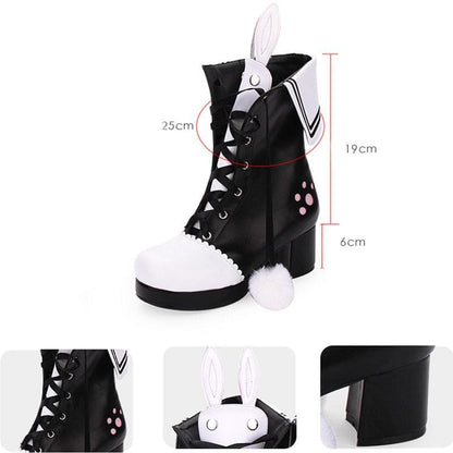 Black Bunny Ears Lace-up Fuzzy Ball Collar High Heel Boots