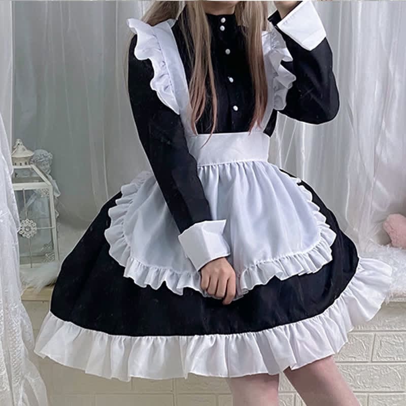 Black Button Long Sleeve Ruffled Lolita Maid Dress