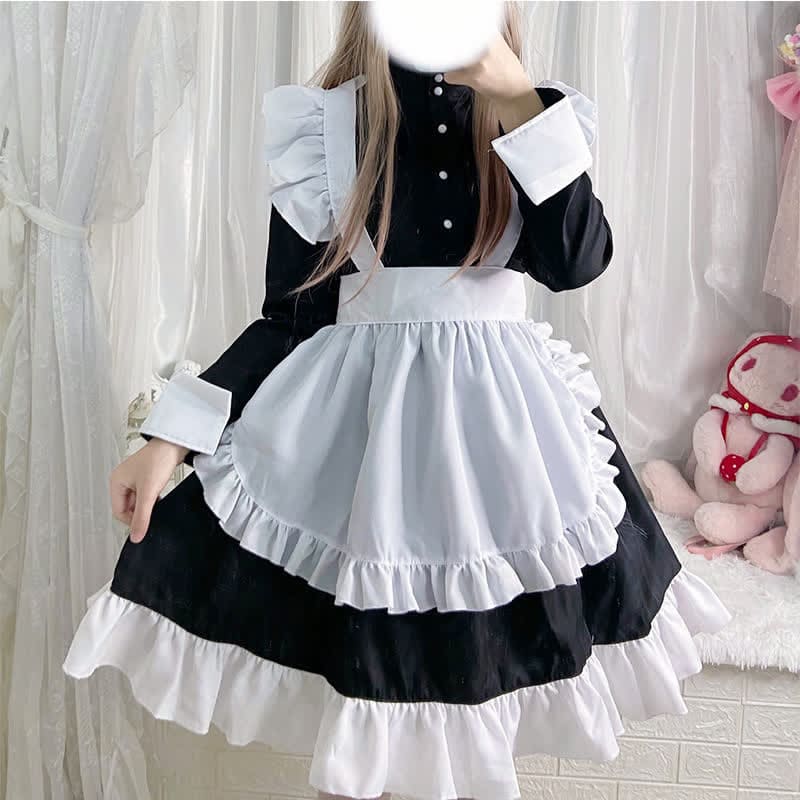 Black Button Long Sleeve Ruffled Lolita Maid Dress