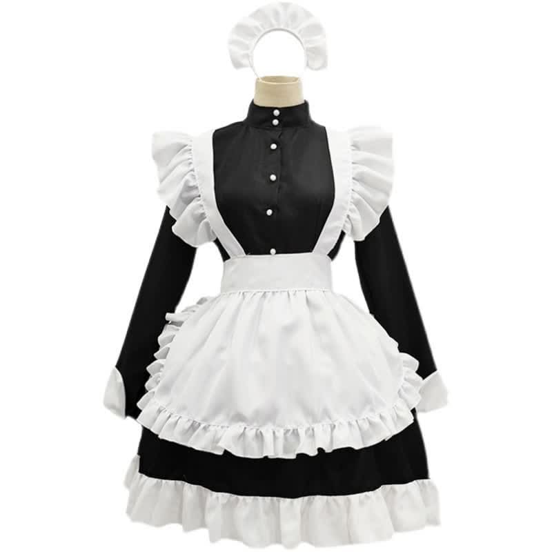 Black Button Long Sleeve Ruffled Lolita Maid Dress - Black