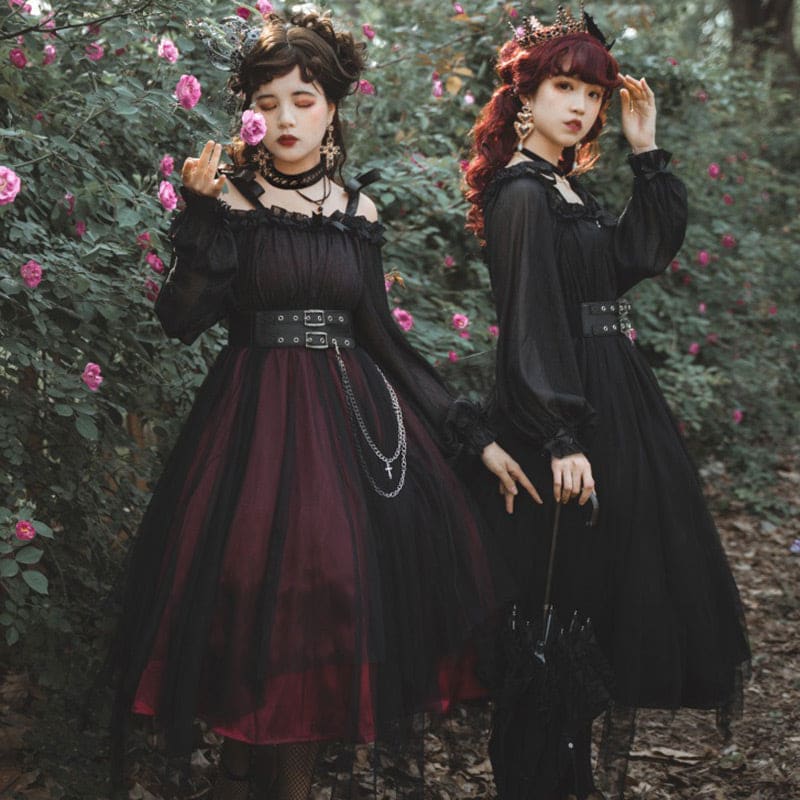 Black Chain Belt Long Sleeve Slip Lolita Dress