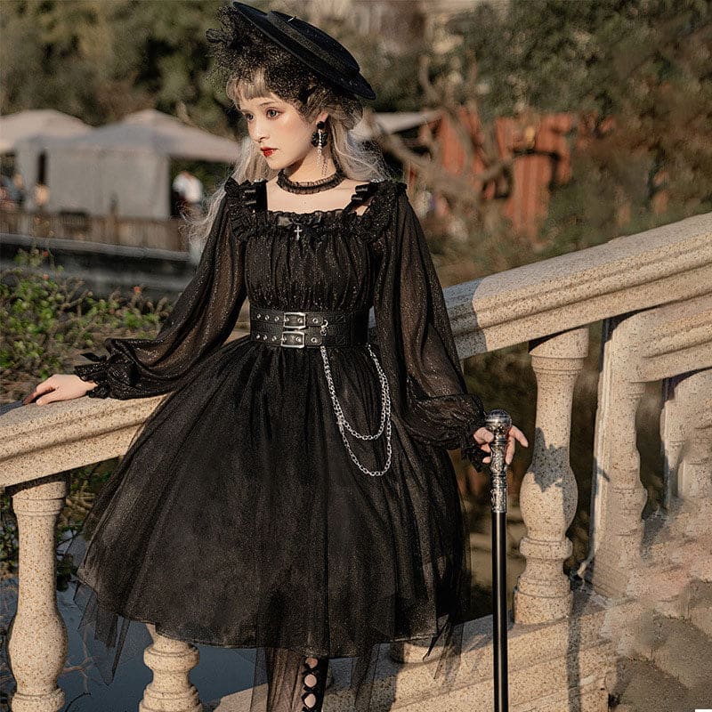 Black Chain Belt Long Sleeve Slip Lolita Dress - Black