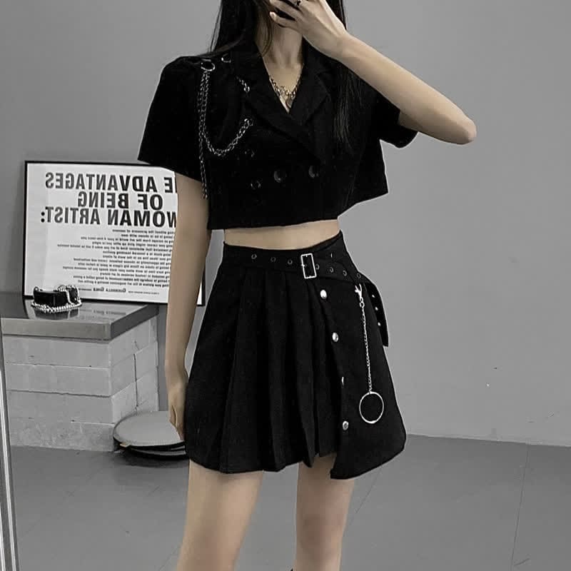 Black Chain Lapel Crop Blazer Irregular Belted Pleated Skirt