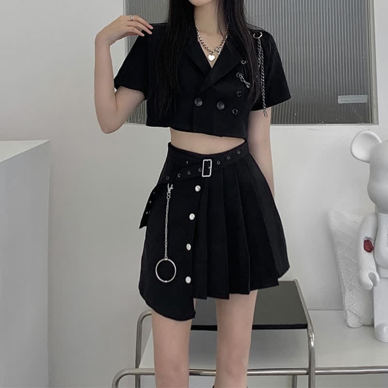 Black Chain Lapel Crop Blazer Irregular Belted Pleated Skirt