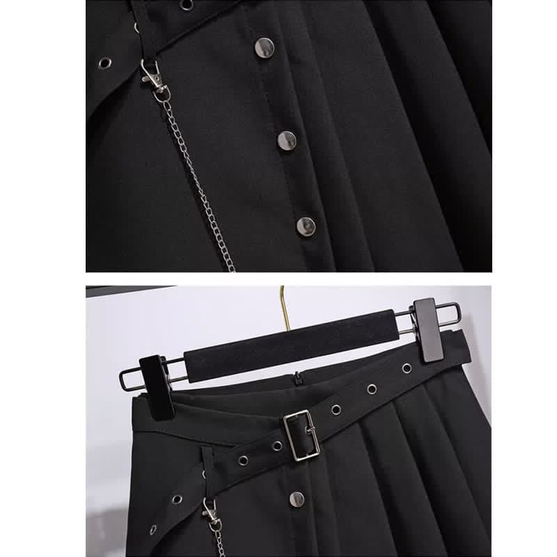 Black Chain Lapel Crop Blazer Irregular Belted Pleated Skirt