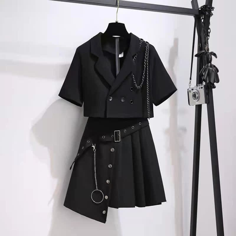 Black Chain Lapel Crop Blazer Irregular Belted Pleated