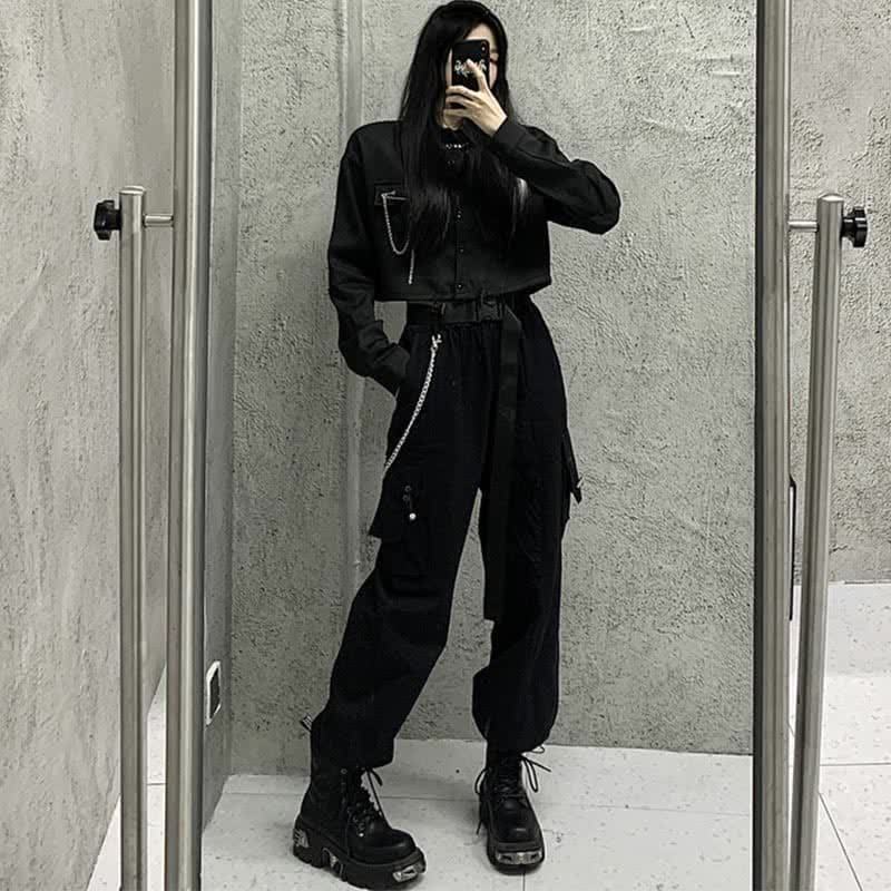 Black Chain Pocketed Polo T-Shirt Casual Cargo Pants