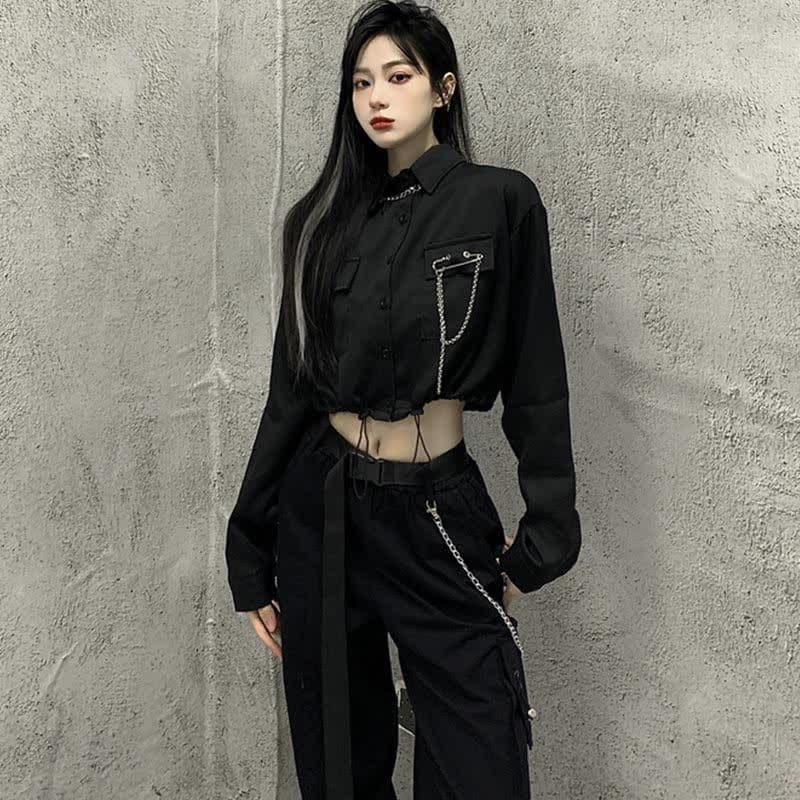 Black Chain Pocketed Polo T-Shirt Casual Cargo Pants