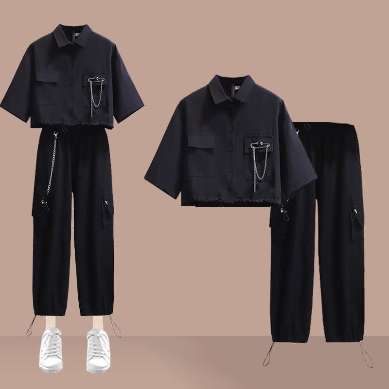 Black Chain Pocketed Polo T-Shirt Casual Cargo Pants