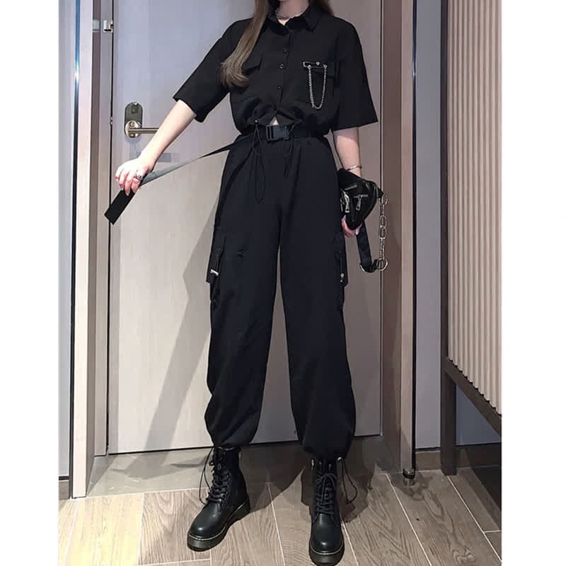 Black Chain Pocketed Polo T-Shirt Casual Cargo Pants