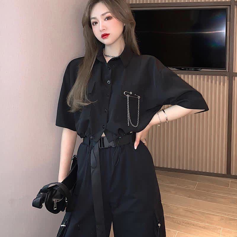 Black Chain Pocketed Polo T-Shirt Casual Cargo Pants