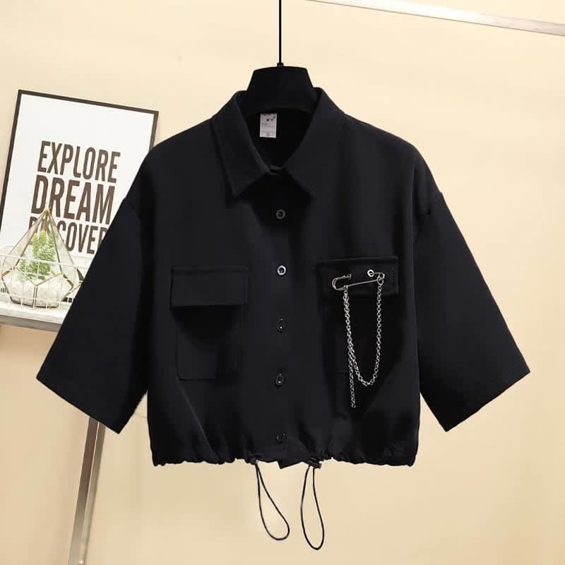 Black Chain Pocketed Polo T-Shirt Casual Cargo Pants