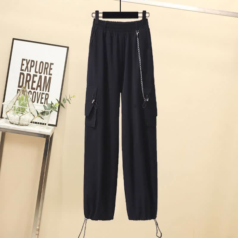 Black Chain Pocketed Polo T-Shirt Casual Cargo Pants