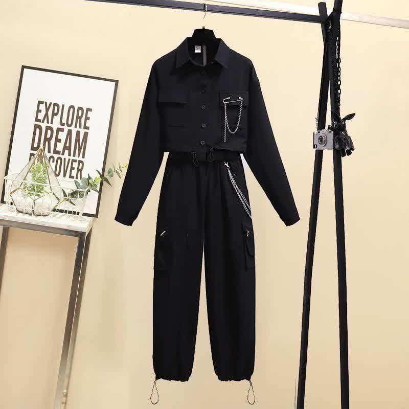 Black Chain Pocketed Polo T-Shirt Casual Cargo Pants