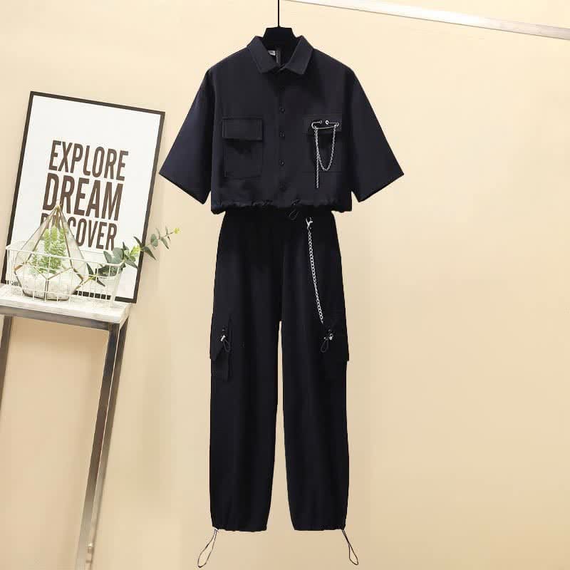 Black Chain Pocketed Polo T-Shirt Casual Cargo Pants