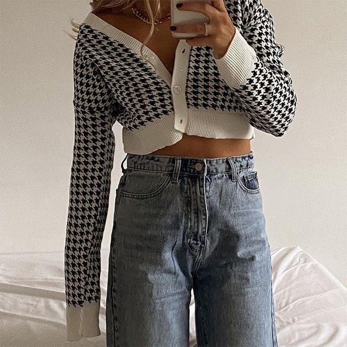 Black Check Crop Cardigan - Cardigan