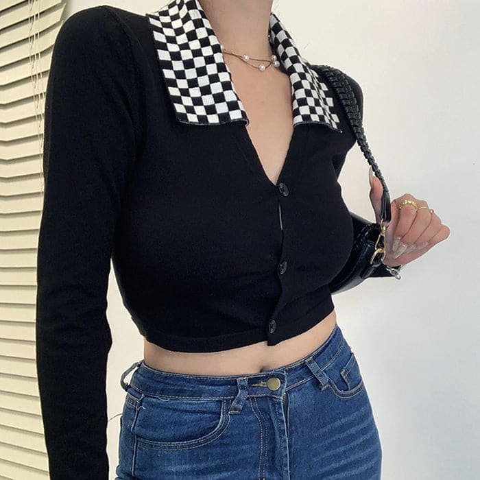 Black Checkerboard Collar Top - Tops