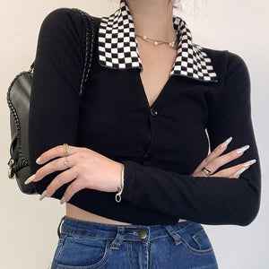 Black Checkerboard Collar Top - Tops