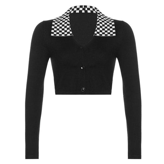 Black Checkerboard Collar Top - Tops