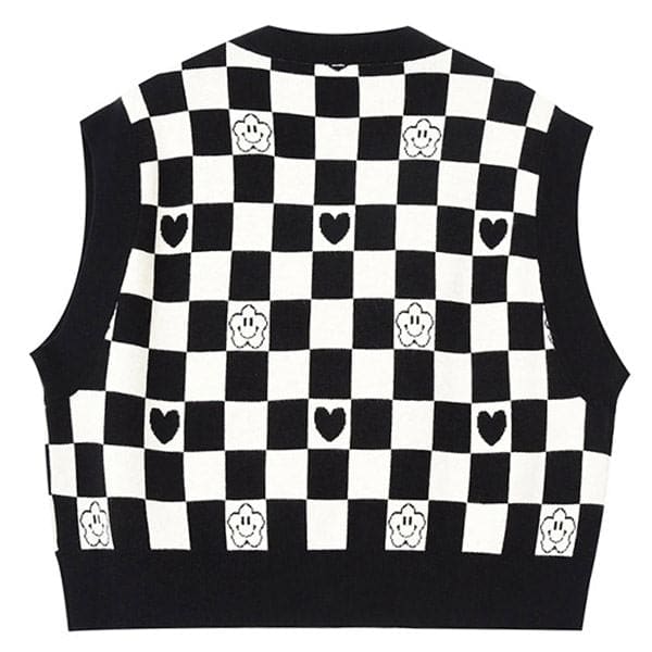 Black Checkerboard with Mini Heart Cropped Vest - Vest