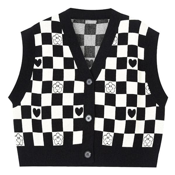 Black Checkerboard with Mini Heart Cropped Vest - Vest