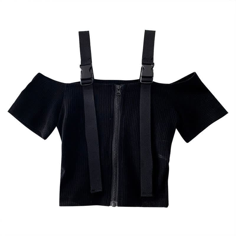 Black Cool Buckle Strap Zipper Crop Top Belted Pleated