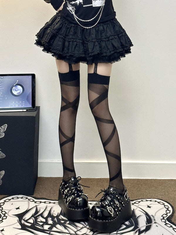 Black Cool Lines Garter Stockings - Black - Tights