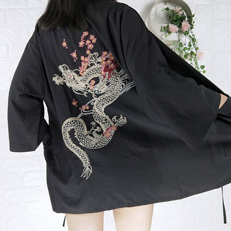 Black Dragon Chinese Embroidery Kimono Outerwear Sun