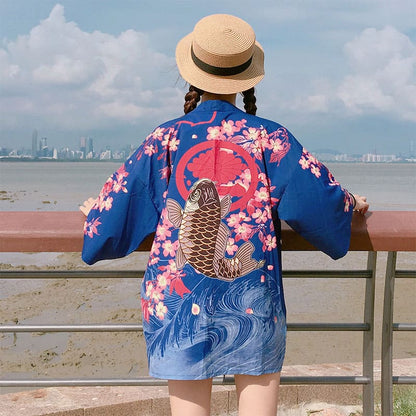 Black Fish Floral Kimono Outerwear Sun Protective - Blue