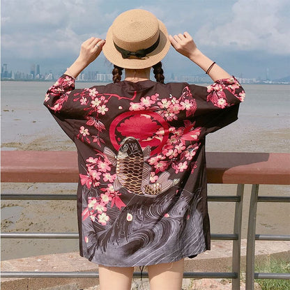 Black Fish Floral Kimono Outerwear Sun Protective - Black