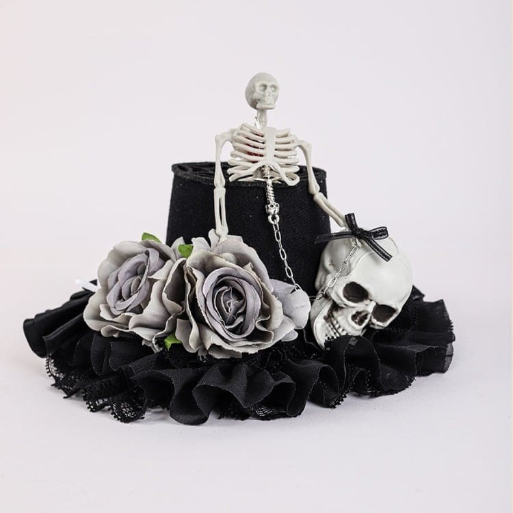 Black Floral Halloween Skeleton Mini Hat - Black / Free Size