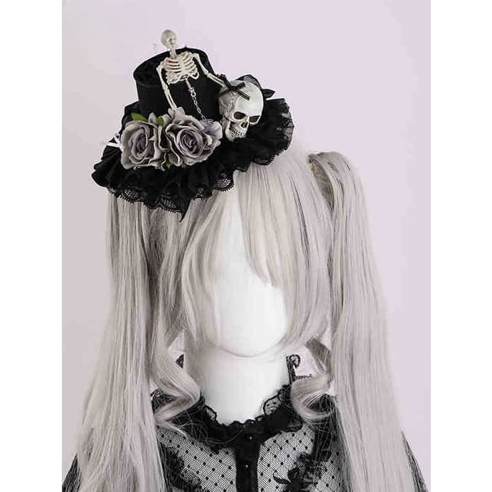 Black Floral Halloween Skeleton Mini Hat - Black / Free Size