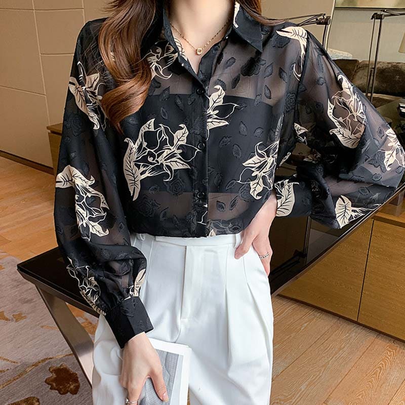 Black Floral Print Puff Sleeve Chiffon Shirt