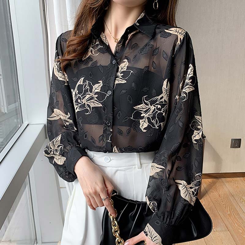 Black Floral Print Puff Sleeve Chiffon Shirt - Black / S