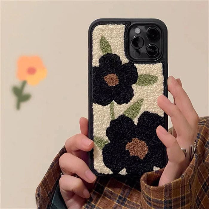 Black Flower Fuzzy iPhone Case - IPhone Case