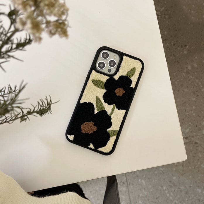 Black Flower Fuzzy iPhone Case - IPhone Case