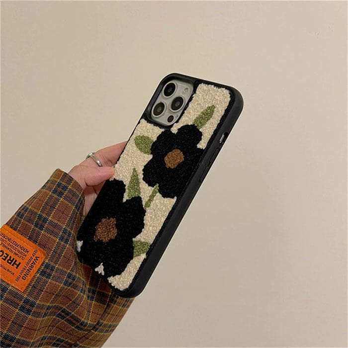 Black Flower Fuzzy iPhone Case - IPhone Case