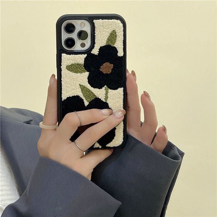 Black Flower Fuzzy iPhone Case - IPhone Case