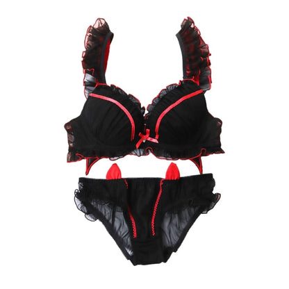 Black Gothic Bat Cute Devil Ruffle Lace Underwear Set