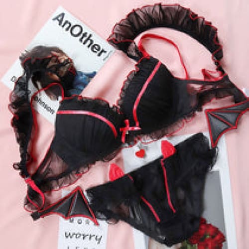 Black Gothic Bat Cute Devil Ruffle Lace Underwear Set