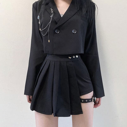 Black Gothic Chain Crop Blazer Hollow Buckle Pleated Skirt