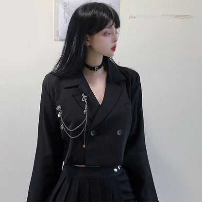 Black Gothic Chain Crop Blazer Hollow Buckle Pleated Skirt