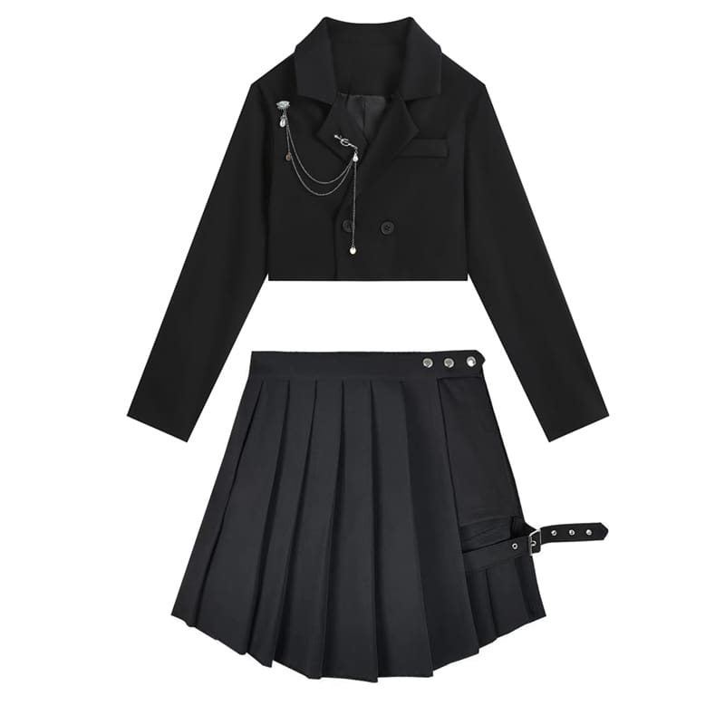 Black Gothic Chain Crop Blazer Hollow Buckle Pleated Skirt