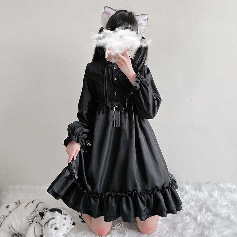 Black Gothic Darkness Star Button Front Dress - Black Long