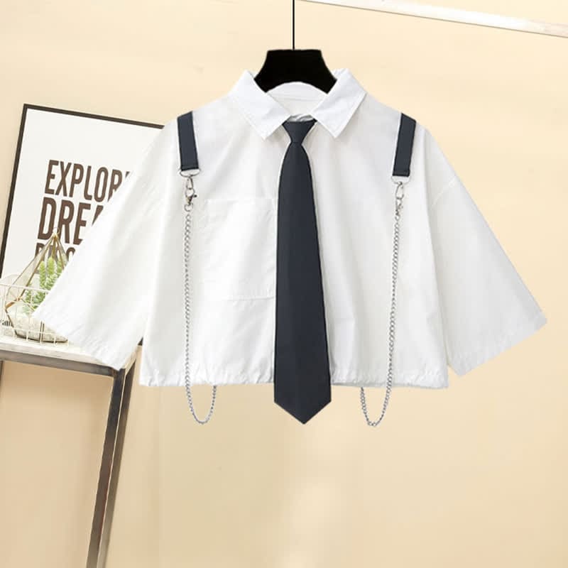 Black Gothic Strap Chain T-Shirt Cargo Shorts - White