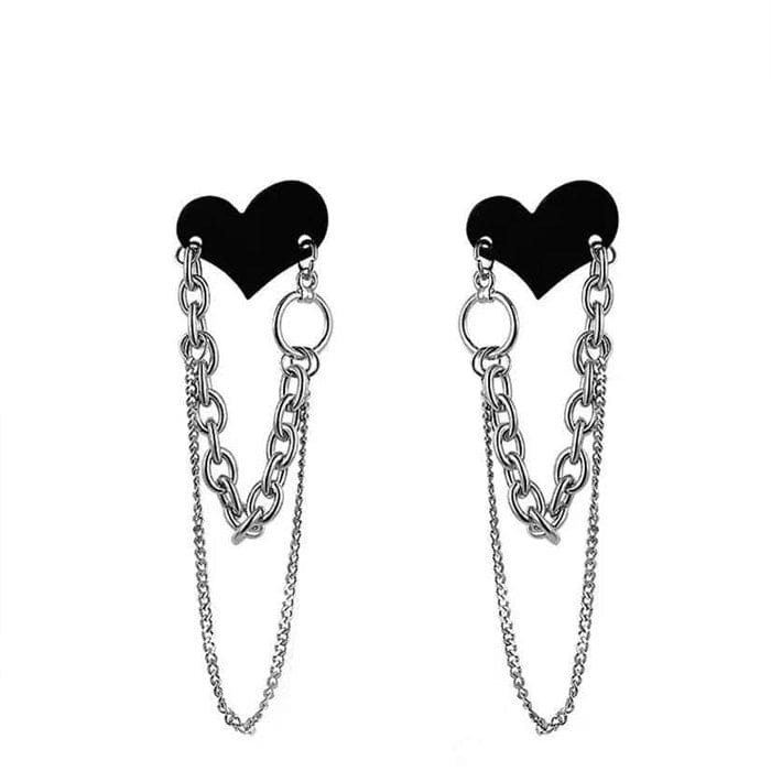 Black Heart Chain Earrings - Standart / Silver - earrings